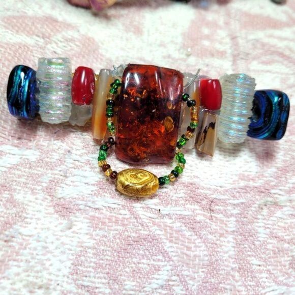 Wendy Gell Barrette Amber, Dichroic Glass, Dangle.